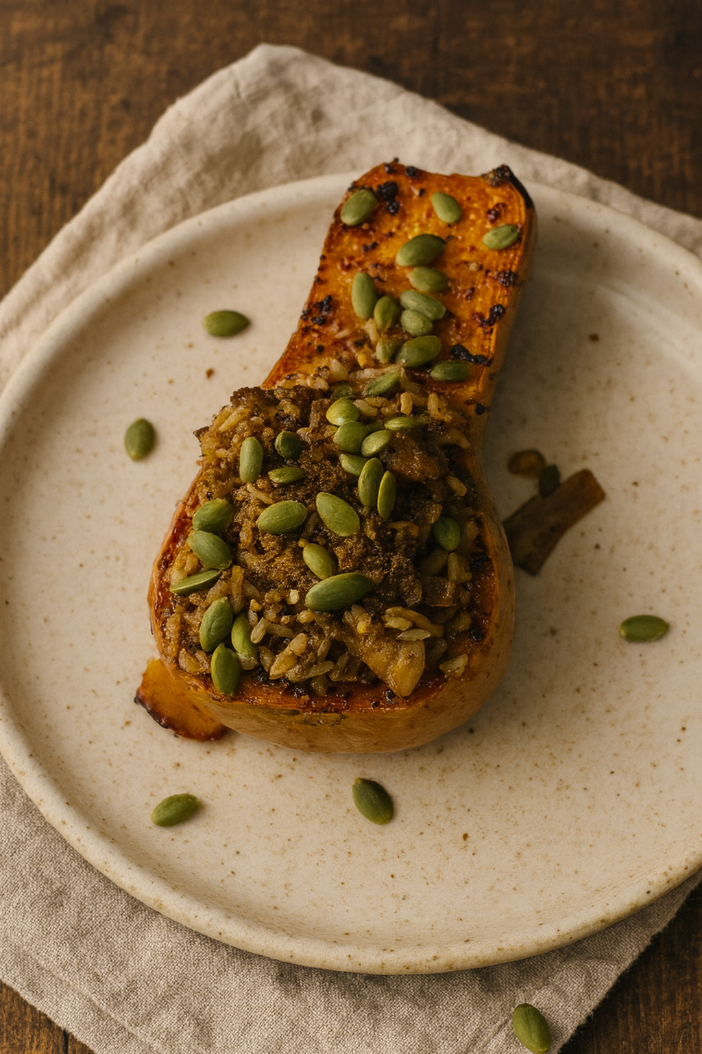 Stuffed Butternut Squash with Brown Rice, Mushrooms & Pumpkin Seeds